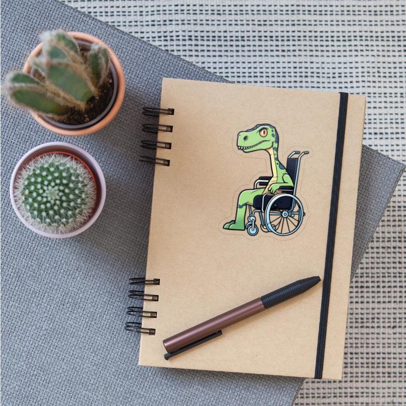 a broken legged dinosaur on wheelchair