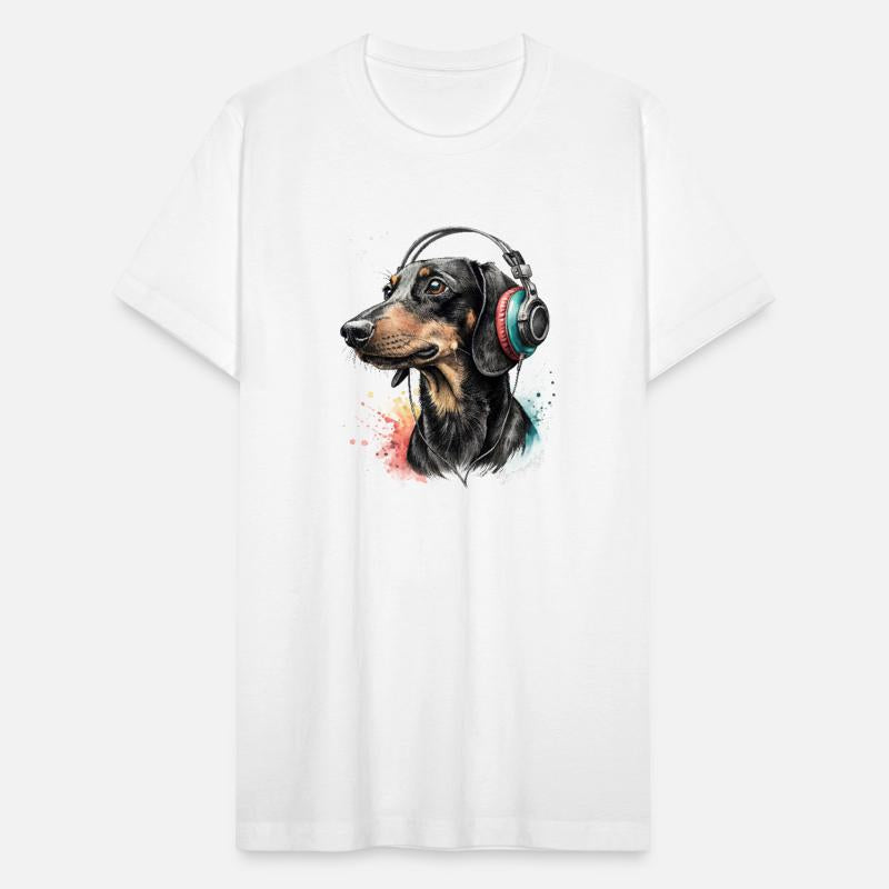 Cool Dachshund dog wearing headphones