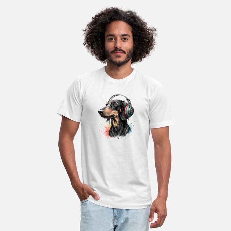 Cool Dachshund dog wearing headphones