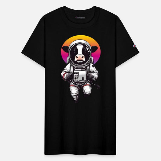 Floating cow in astronaut suit