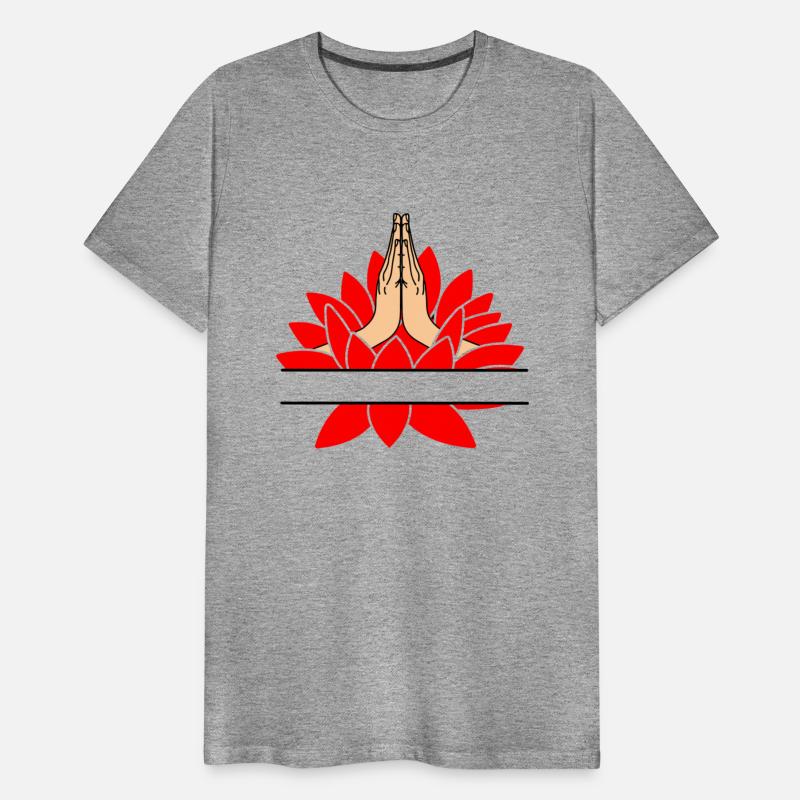 Namaste two hands from red lotus with text block.