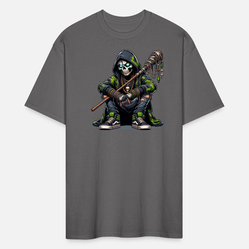 Urban Skull Shaman in Camo Hoodie with Tribal Staf