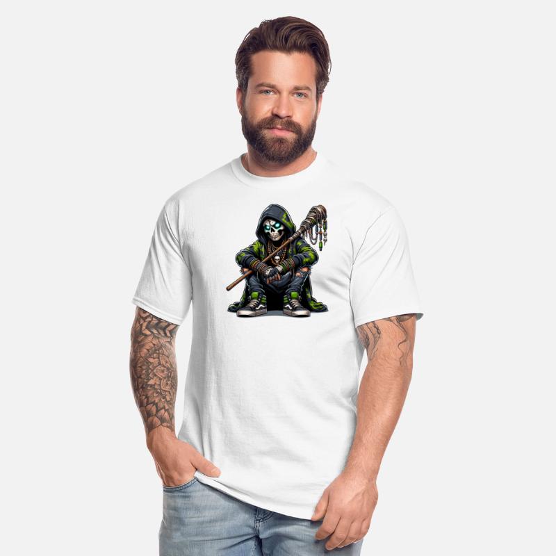 Urban Skull Shaman in Camo Hoodie with Tribal Staf