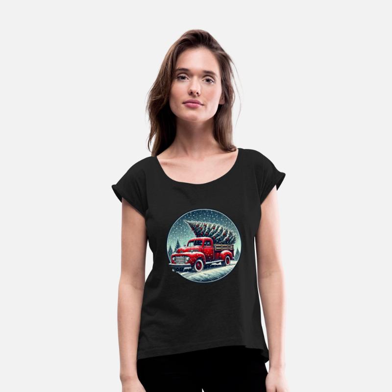 Vintage Red Truck Carrying Christmas Tree