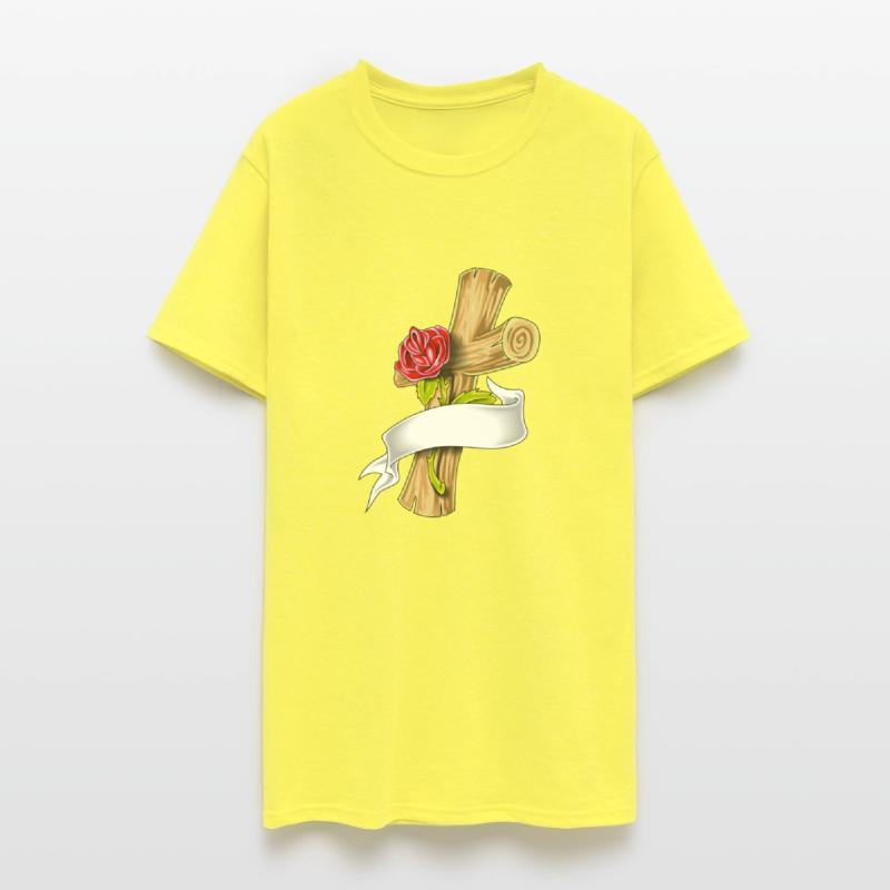 wooden cross with red rose and white ribbon