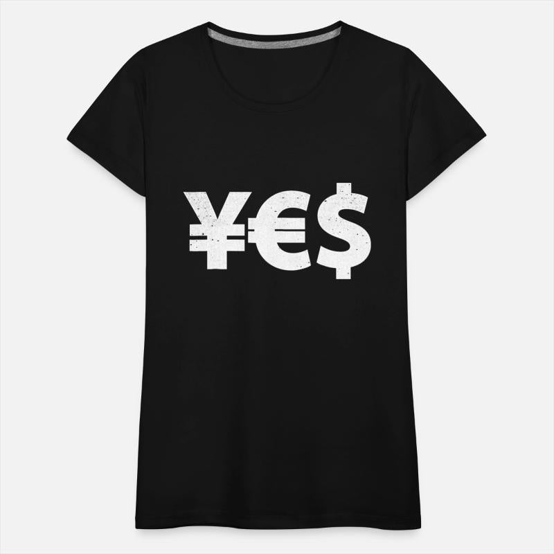 YES Currency T Shirt Yen Euro Dollar Symbols